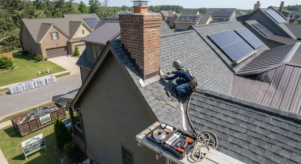 Bastrop Roofing technician repairing roof flashing