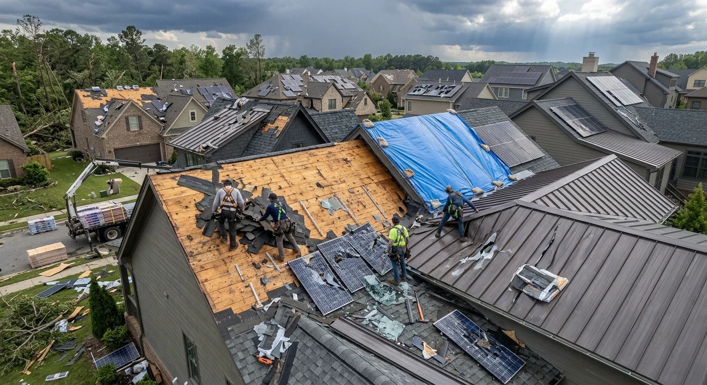 Rooflines and building exteriors beneath an open sky